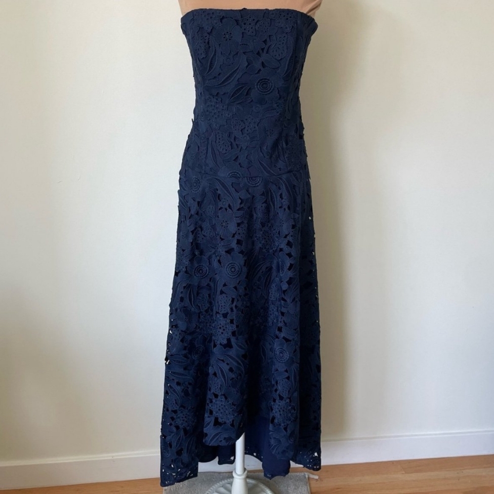 Shoshanna Midnight Blue Strapless Floral Lace High-Low Dress Gown